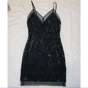 Black sequin and mesh mini dress
